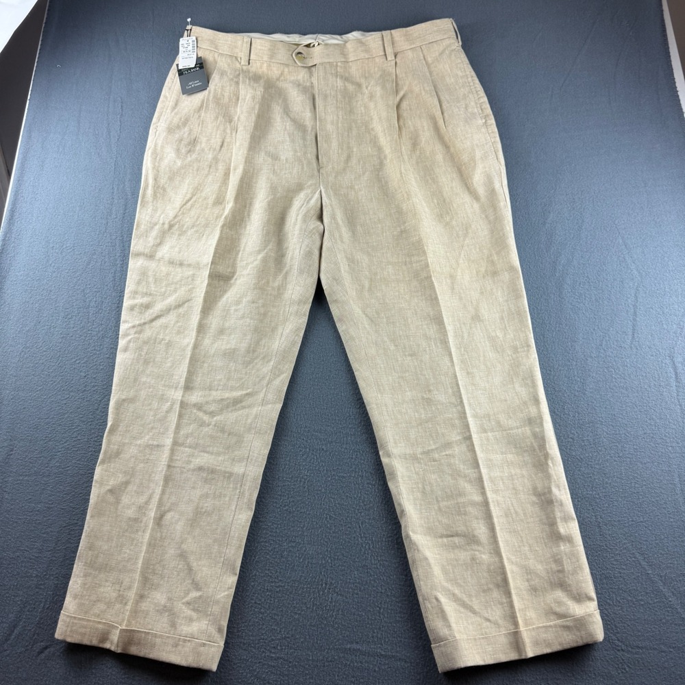 Jos A Bank Pants Mens 42x30 Stone Travelers Collection 100% Linen Pleated Cuffed